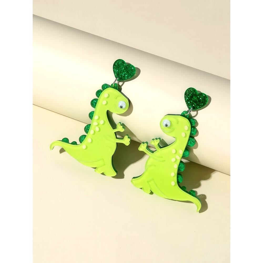 Bright Green Dinosaur Earrings with Googly Eyes - Picture 5 of 8